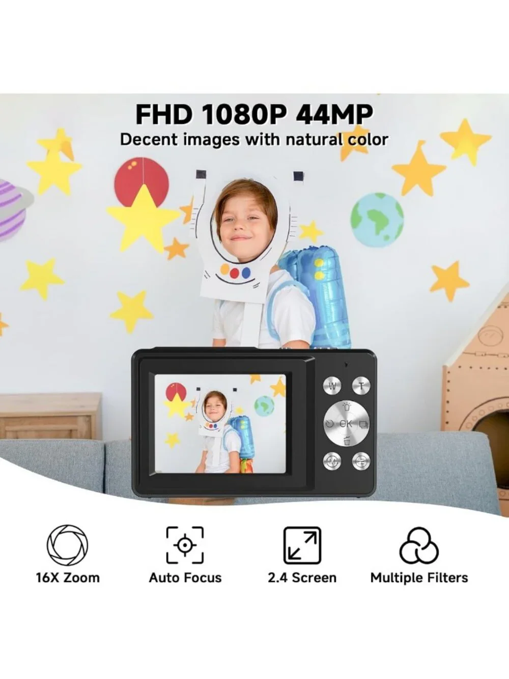 44MP Compact Digital Camera, FHD 1080P, 16X Zoom, Face Detection, Anti-Shake